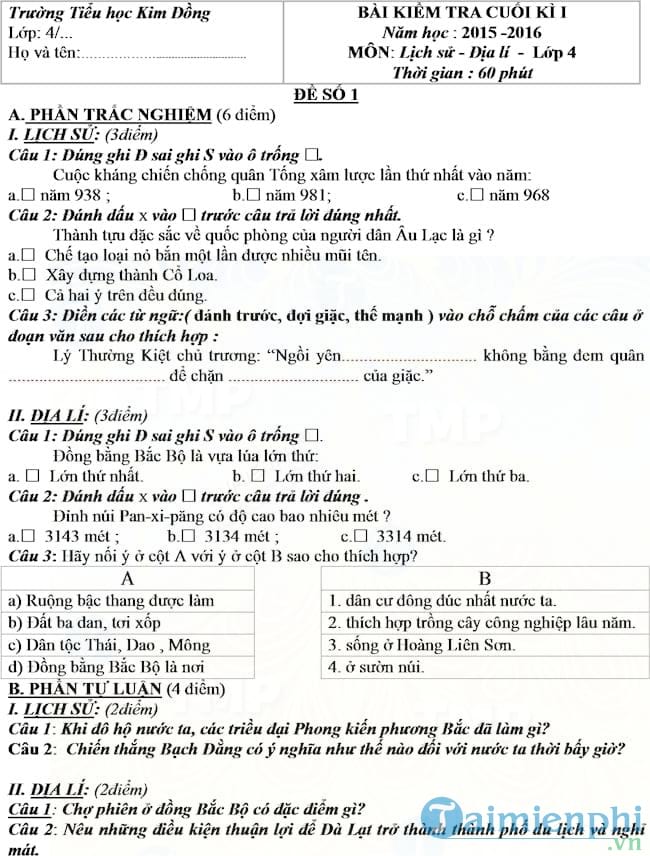 Đề thi học kì 1 môn Lịch sử Địa lý lớp 4