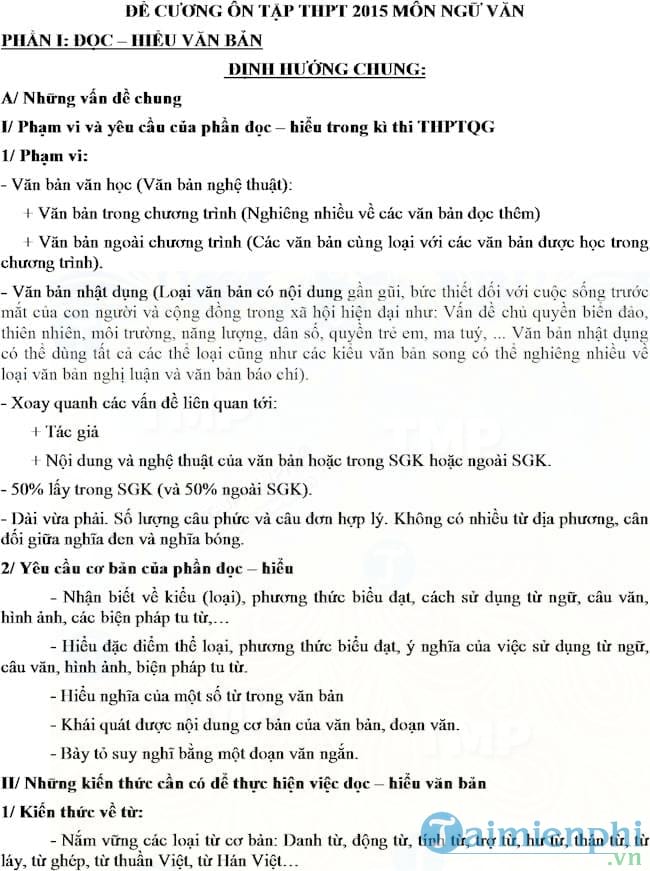 Đề cương ôn tập THPT Quốc gia môn Ngữ Văn