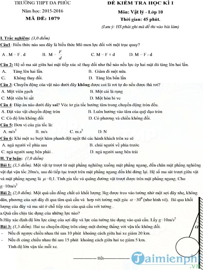 Đề thi học kì 1 môn Vật lý lớp 10 trường THPT Đa Phúc