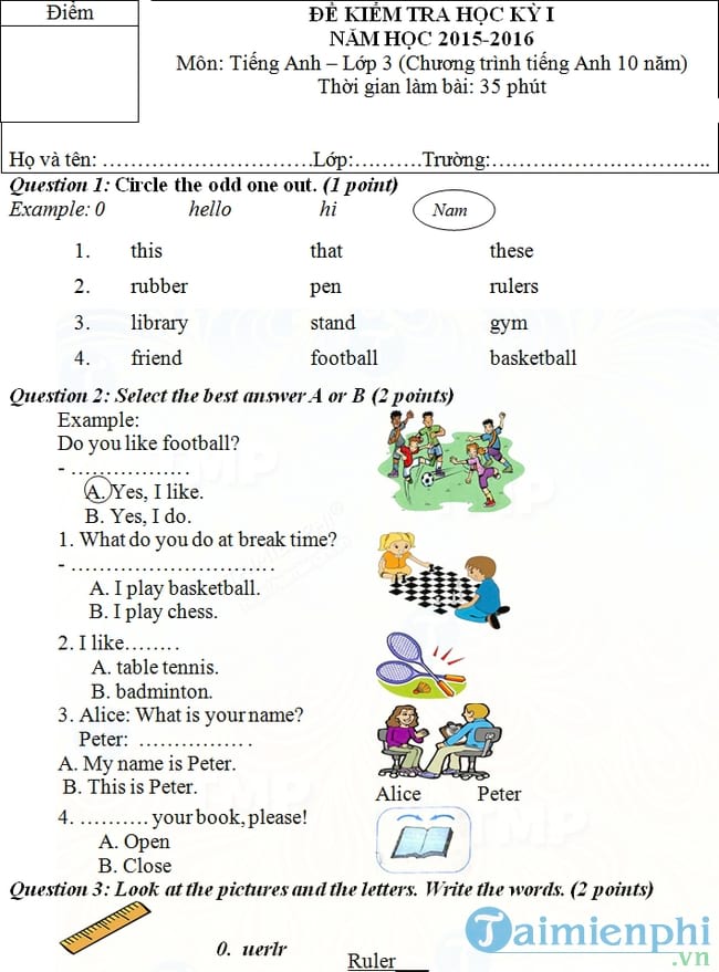 Đề kiểm tra học kỳ 1 môn tiếng Anh lớp 3