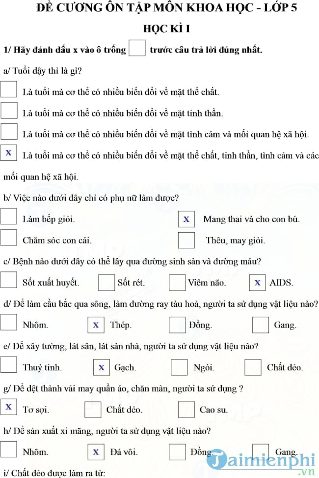 Đề cương ôn tập học kì 1 môn Khoa học lớp 5