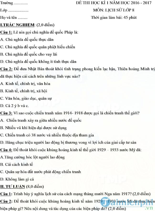 Đề thi học kì 1 môn Lịch sử lớp 8 năm học 2016 2017