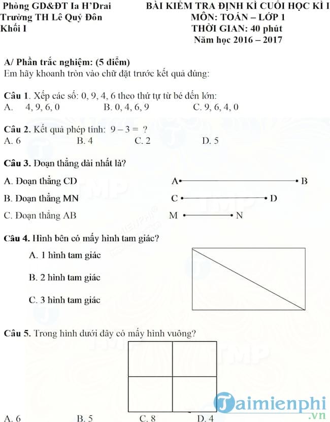 Đề thi học kì 1 lớp 1 môn Toán trường tiểu học Lê Quý Đôn