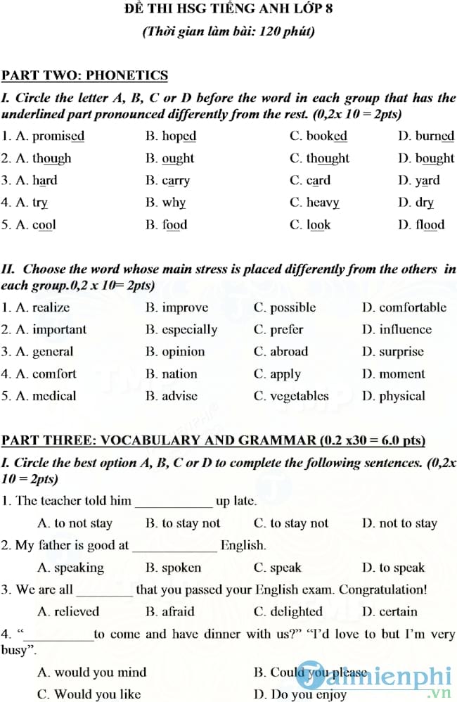 Đề thi học sinh giỏi Tiếng Anh lớp 8