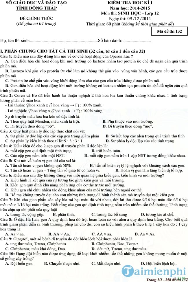 Đề kiểm tra học kì 1 môn Sinh học lớp 12