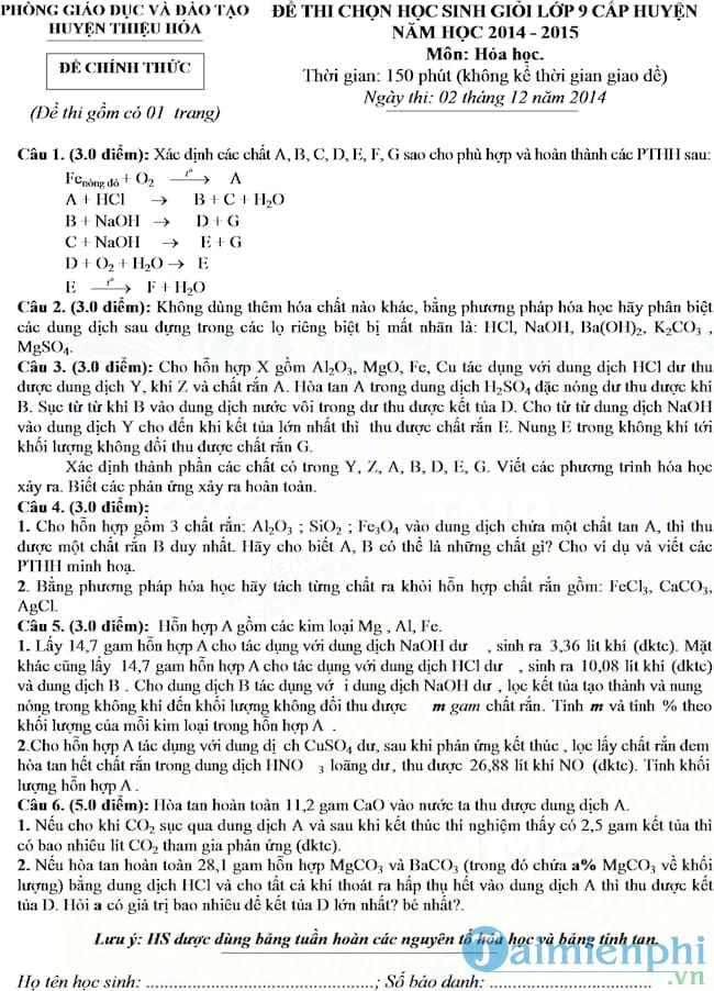 de thi hoc sinh gioi mon hoa hoc lop 9 huyen thieu hoa