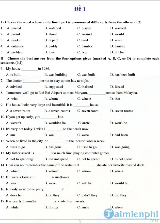 Đề luyện thi vào lớp 10 môn Tiếng Anh