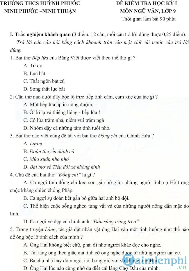 de kiem tra hoc ki i lop 9 mon ngu van truong thcs huynh phuoc