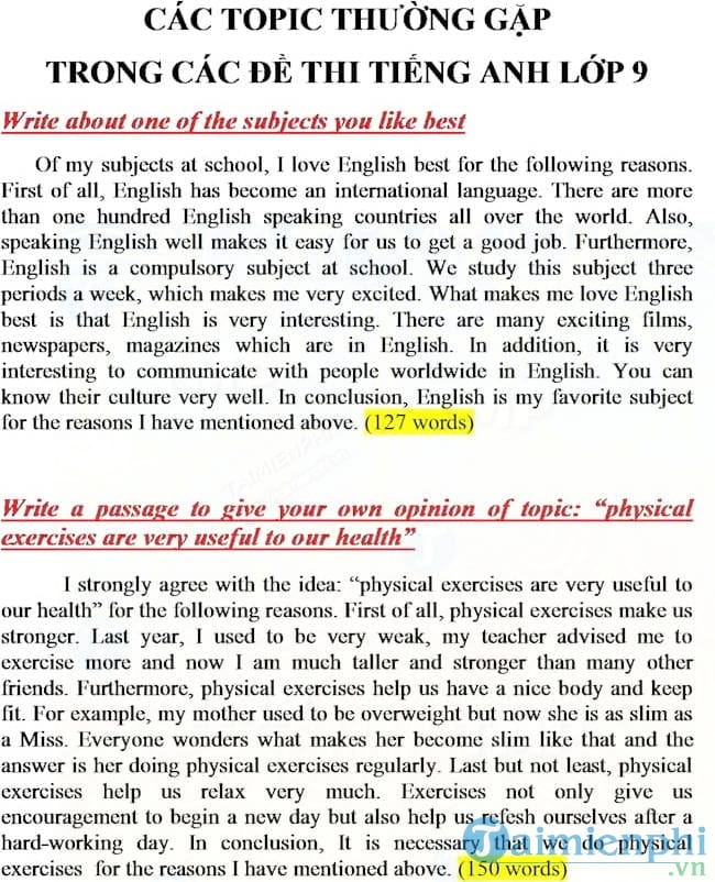 cac bai luan tieng anh lop 9 hay