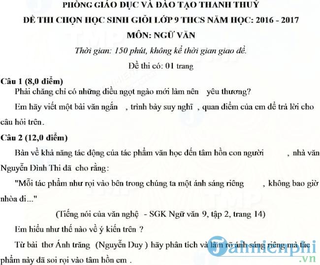 Đề thi học sinh giỏi môn Ngữ văn lớp 9 Phòng GD&ĐT Thanh Thủy