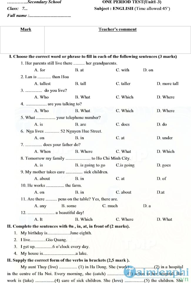 Bộ đề kiểm tra tiếng Anh lớp 7