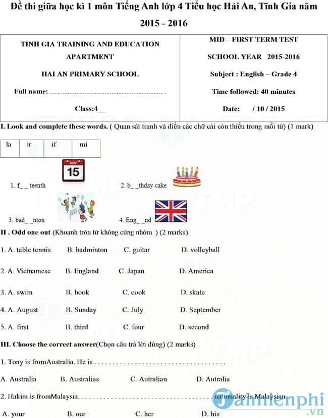 Đề thi giữa học kì 1 môn Tiếng Anh lớp 4 Tiểu học Hải An