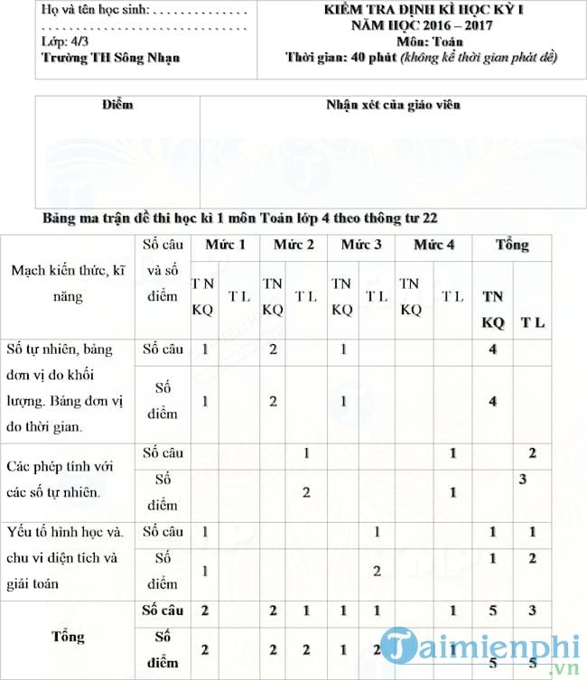 Đề thi học kì 1 môn Toán lớp 4 trường tiểu học Sông Nhạn