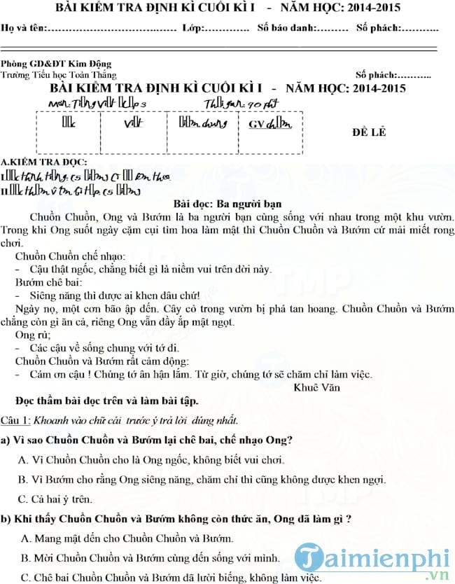 Đề thi học kì 1 lớp 3 môn Toán, Tiếng Việt trường tiểu học Toàn Thắng