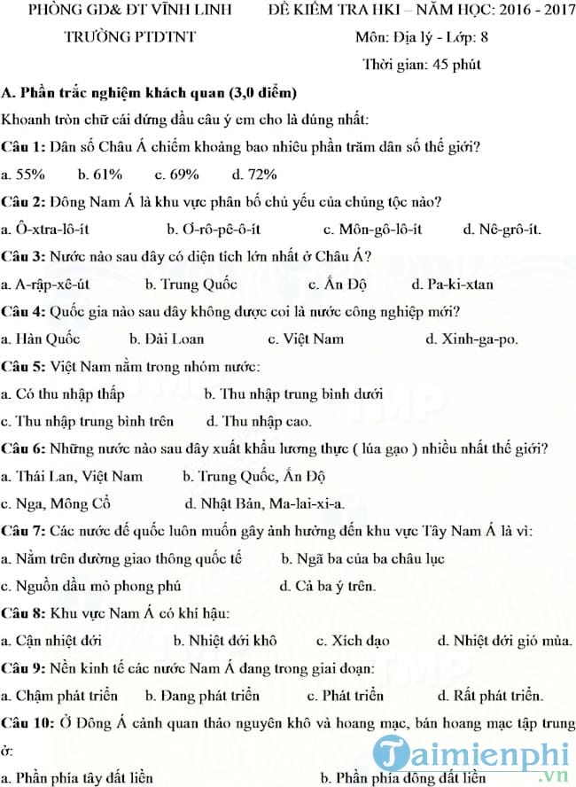 Đề thi học kì 1 môn Địa lý lớp 8 Phòng GD&ĐT Vĩnh Linh