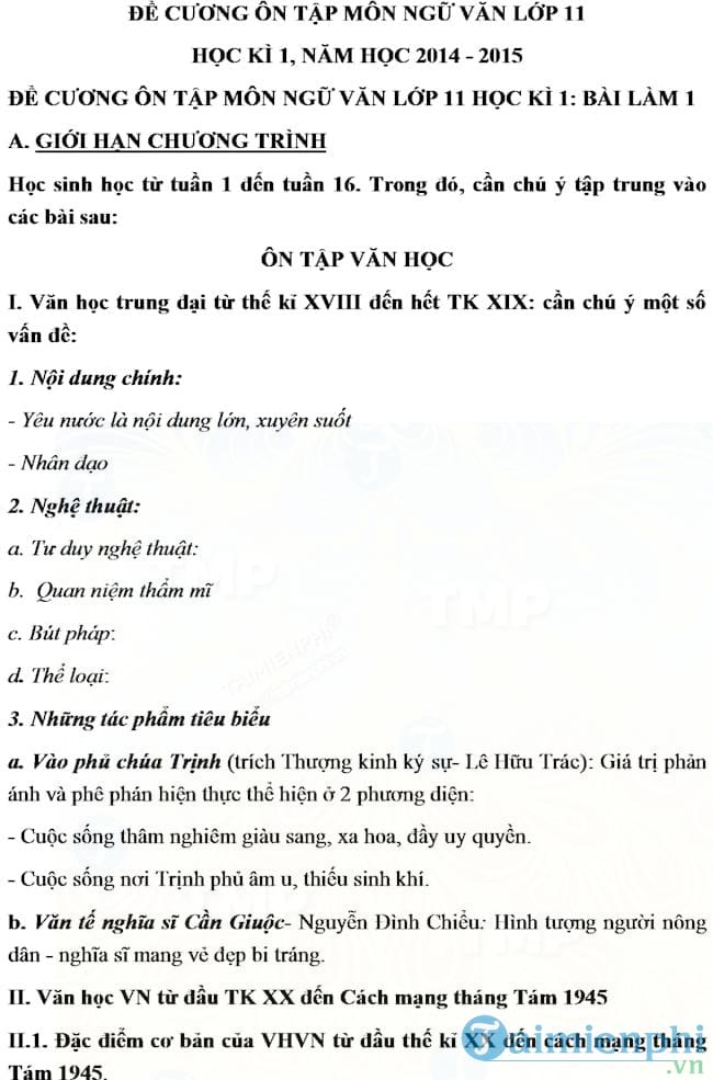 Đề cương ôn tập học kì 1 môn Ngữ văn lớp 11