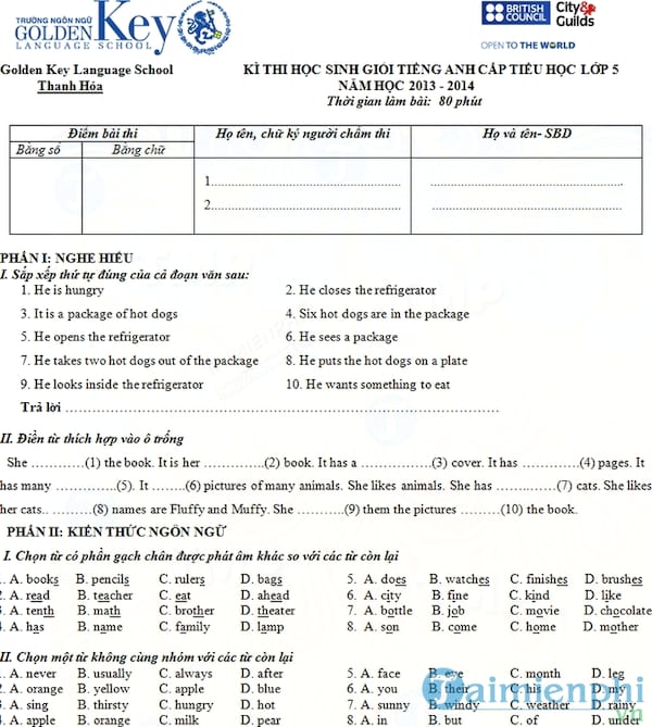 Tuyển tập đề thi học sinh giỏi môn Tiếng Anh lớp 5