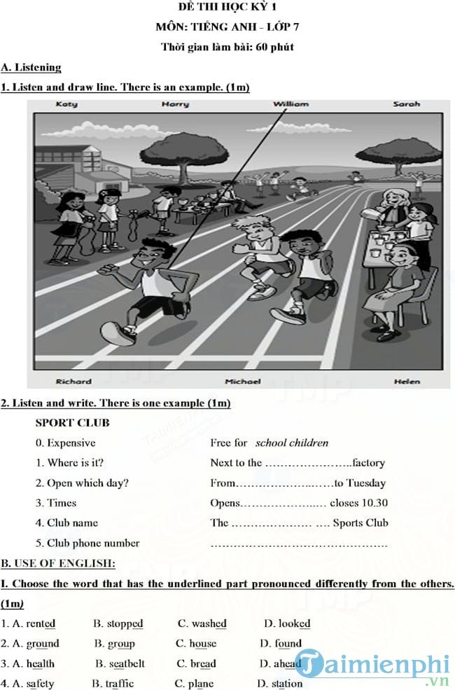 Đề thi học kỳ 1 môn tiếng Anh lớp 7 có file nghe