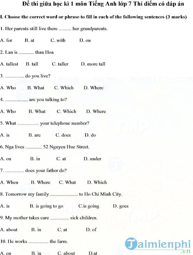Đề thi giữa học kì 1 môn Tiếng Anh lớp 7 Thí điểm