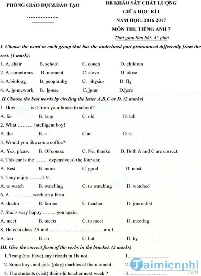 Đề thi giữa học kì 1 môn Tiếng Anh lớp 7 năm học 2016 - 2017
