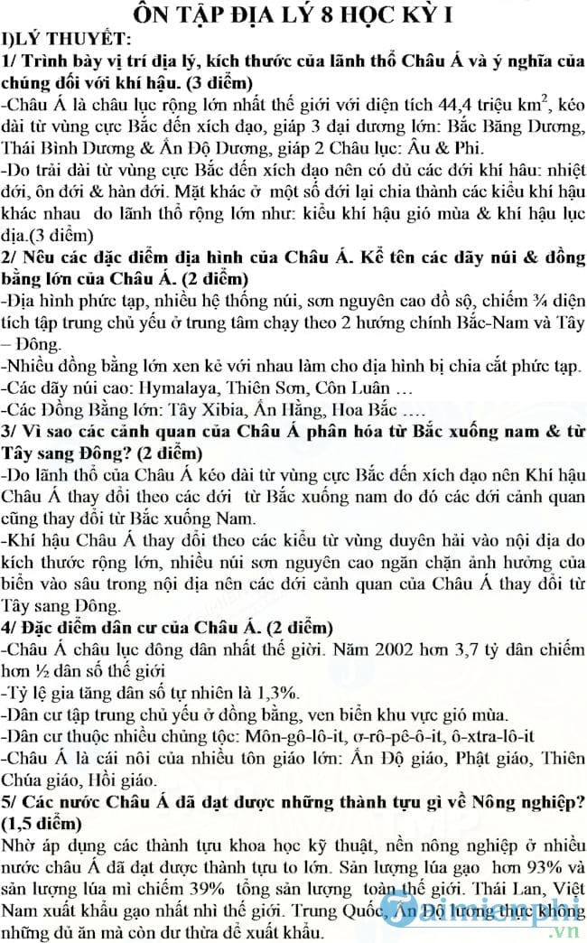 Đề cương ôn tập học kỳ 1 môn Địa lý lớp 8