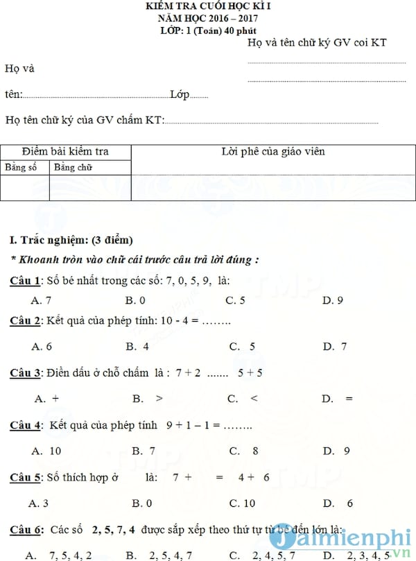 Bộ đề thi học kì 1 môn Toán lớp 1