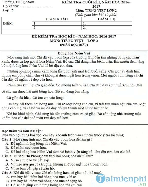 Bộ đề thi học kì 1 môn Tiếng Việt lớp 2