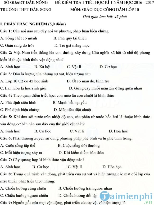 Đề kiểm tra 1 tiết học kì 1 môn Giáo dục công dân lớp 10
