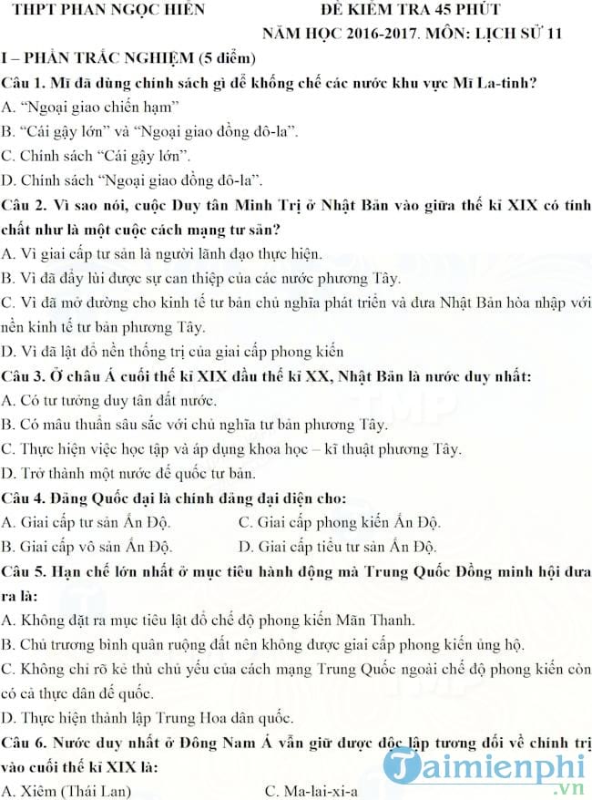 Đề kiểm tra 45 phút học kì 1 môn Lịch sử lớp 11