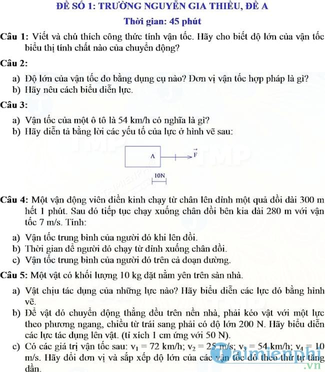 Đề kiểm tra 1 tiết môn Vật lý lớp 8
