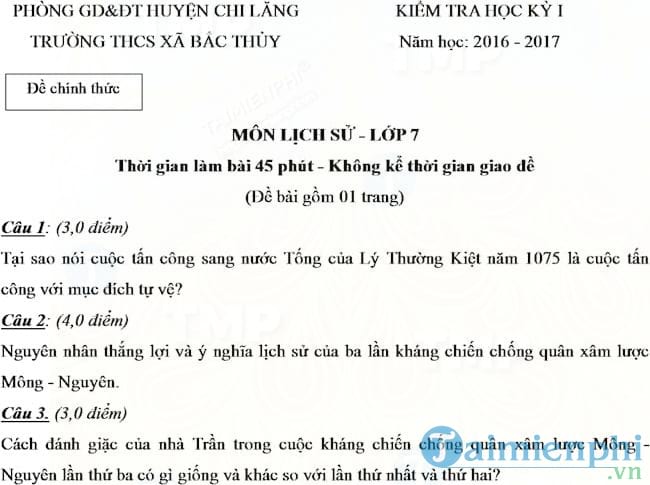 Đề thi học kì 1 môn Lịch sử lớp 7