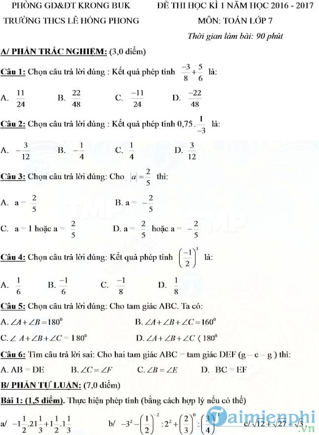 Bộ đề thi học kì 1 môn Toán lớp 7