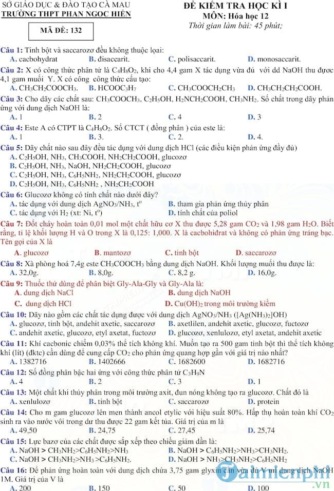 Đề thi học kì 1 môn Hóa học lớp 12