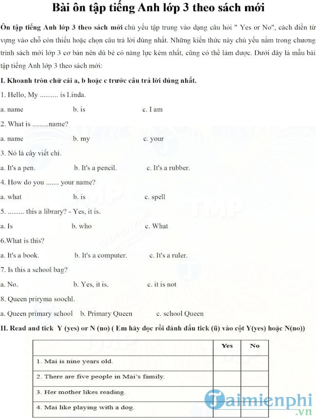 Bài ôn tập tiếng Anh lớp 3 theo sách mới