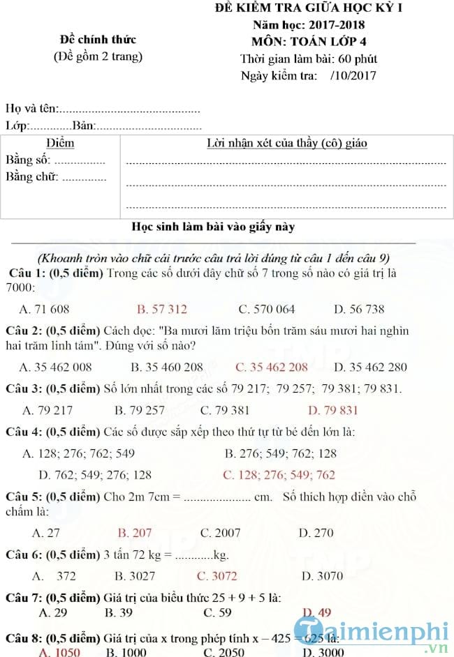Đề thi giữa học kì 1 môn Toán lớp 4