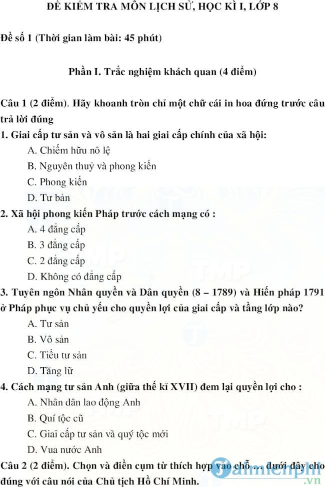 Đề kiểm tra học kì I lớp 8 môn Lịch sử