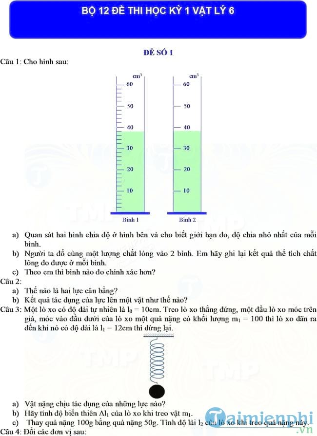 Bộ 12 đề thi học kì 1 môn Vật lý lớp 6
