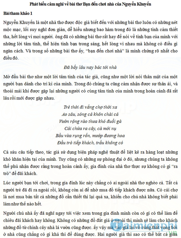 Phát biểu cảm nghĩ bài thơ Bạn đến chơi nhà
