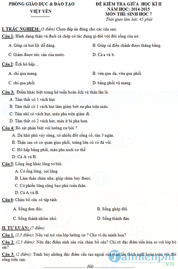 Đề thi giữa học kỳ 2 môn Sinh học lớp 7