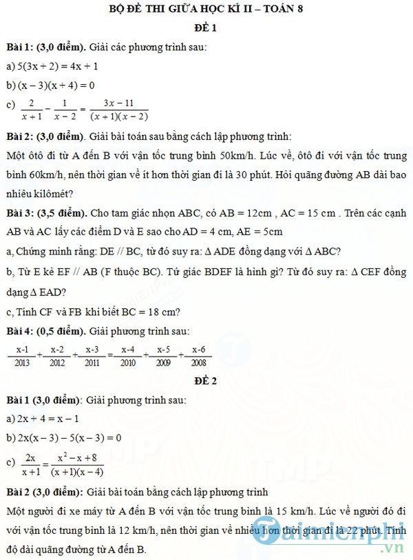 Đề thi giữa học kì 2 môn Toán lớp 8