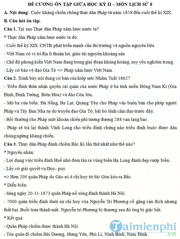 Đề cương ôn tập giữa học kì 2 môn Lịch sử lớp 8