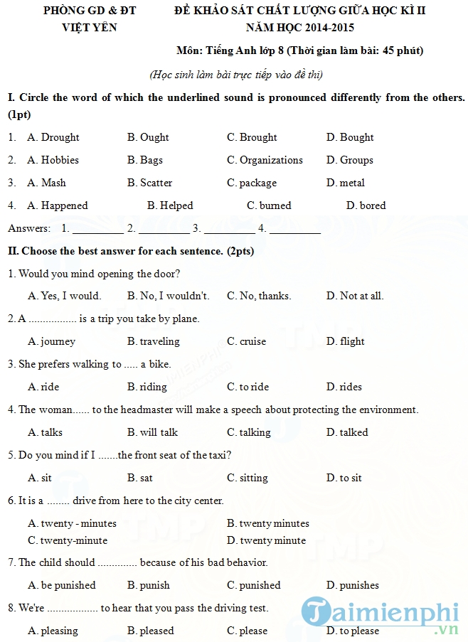 Đề thi giữa học kỳ II môn Tiếng Anh lớp 8