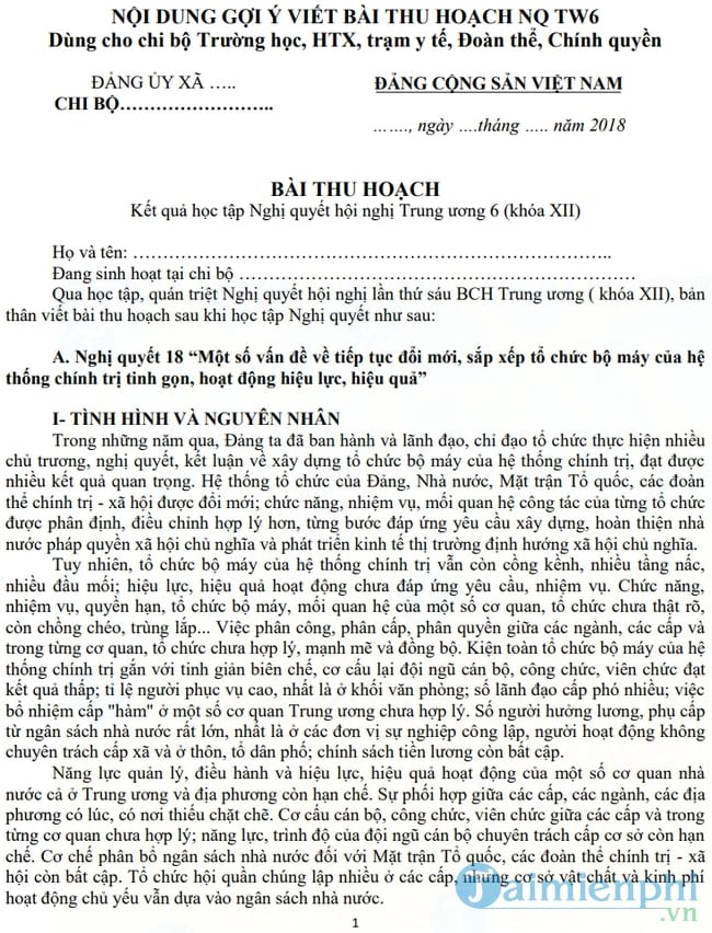 Nội dung gợi ý viết bài thu hoạch Nghị quyết trung ương 6 khóa 12