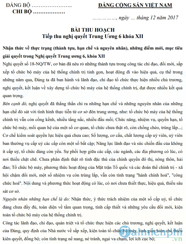 Bài thu hoạch nghị quyết Trung ương 6 khóa 12 của cán bộ lãnh đạo