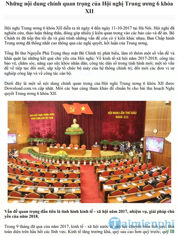 Những nội dung chính quan trọng của Hội nghị Trung ương 6 khóa 12