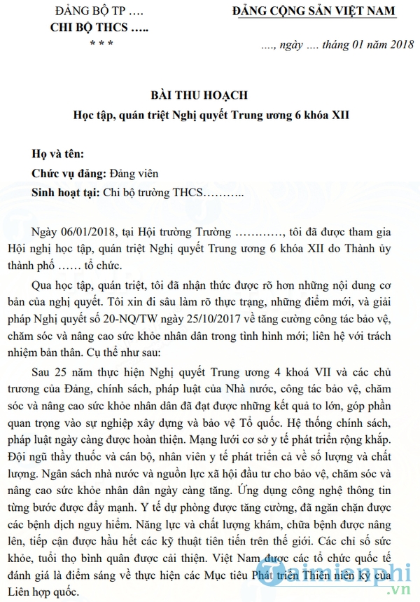 Bài thu hoạch Nghị quyết Trung ương 6 khóa 12 về chăm sóc sức khỏe nhân dân