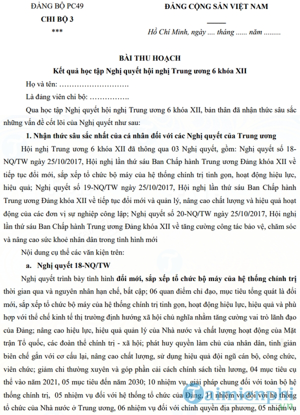 Bài thu hoạch Nghị quyết Trung Ương 6 khóa 12 dành cho công an