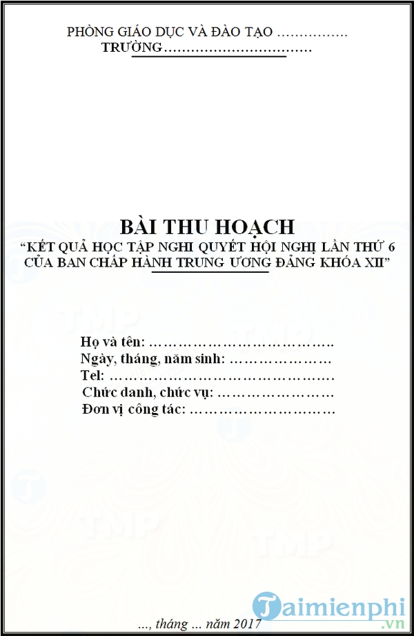 Mẫu bìa bài thu hoạch Nghị quyết Trung Ương 6 khóa 12