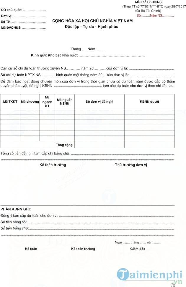 Mẫu giấy đề nghị tạm cấp dự toán ngân sách