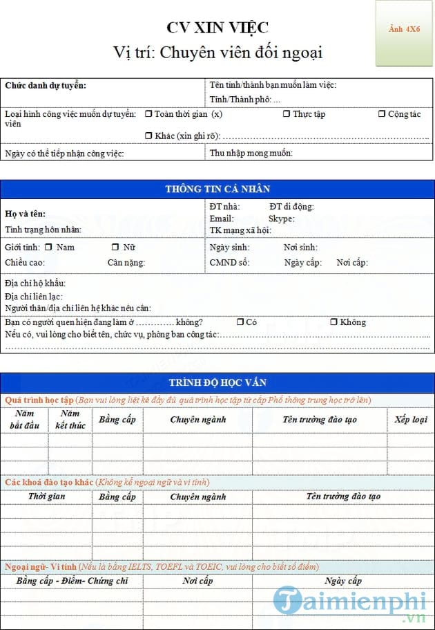 CV xin việc chuyên viên đối ngoại